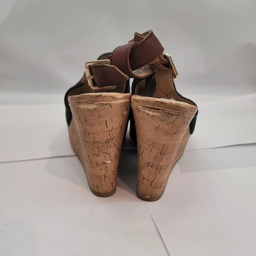 American Eagle Wedge Sandals Womens 8.5 Black Cork Platform Slingback Shoes